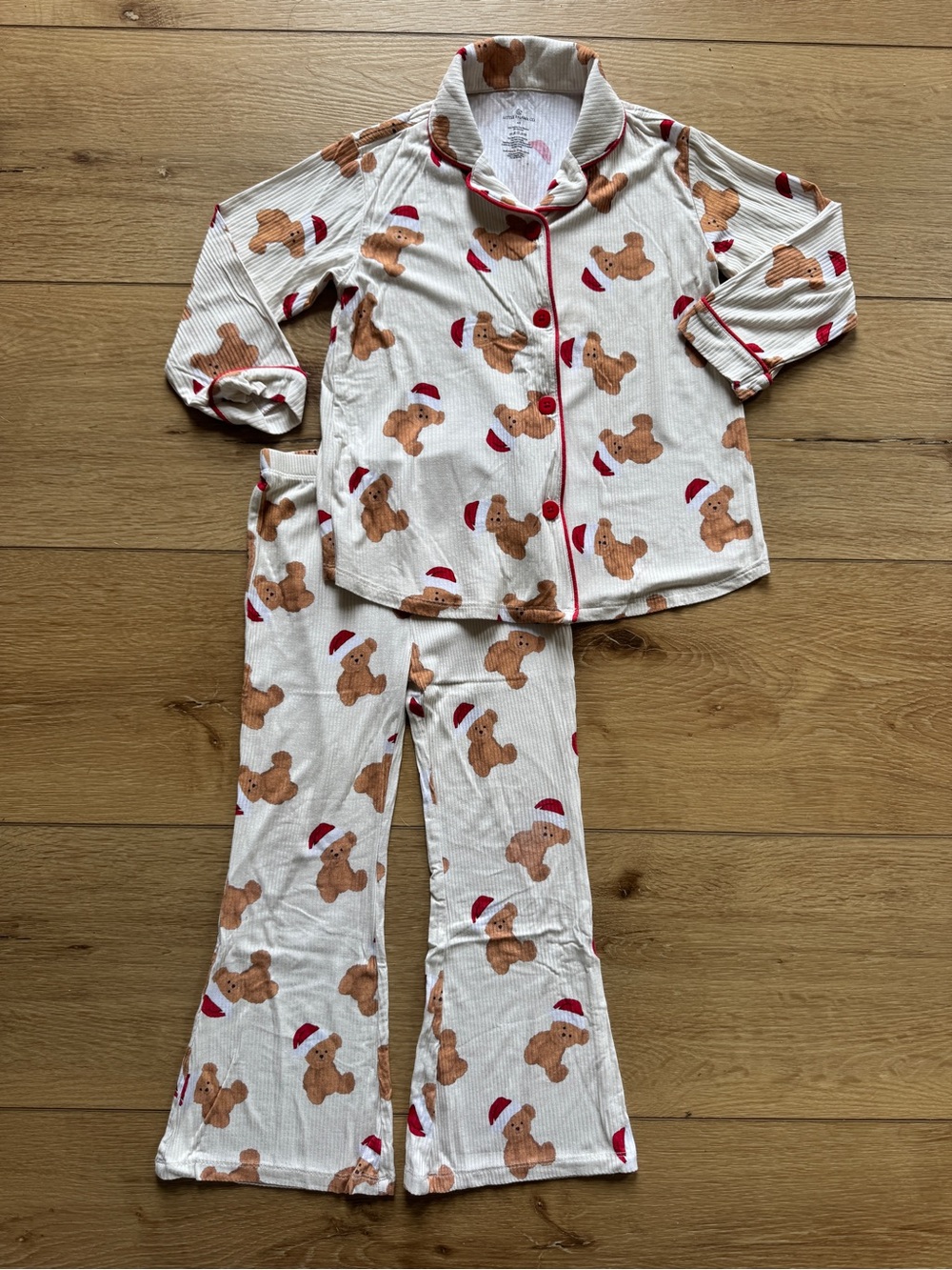 Kids White Santa Teddy Bear Print Pajama Set with Red Trim - Little Pajama Co